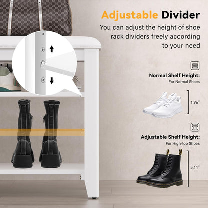 Shoe Bench Storage Rubberwood with Leather Cushion for Entryway Bench Ideal for Hallways Shoe Rack Front Doors Entrances Mudrooms Featuring 3 Height-Adjustable and Removable Shelves