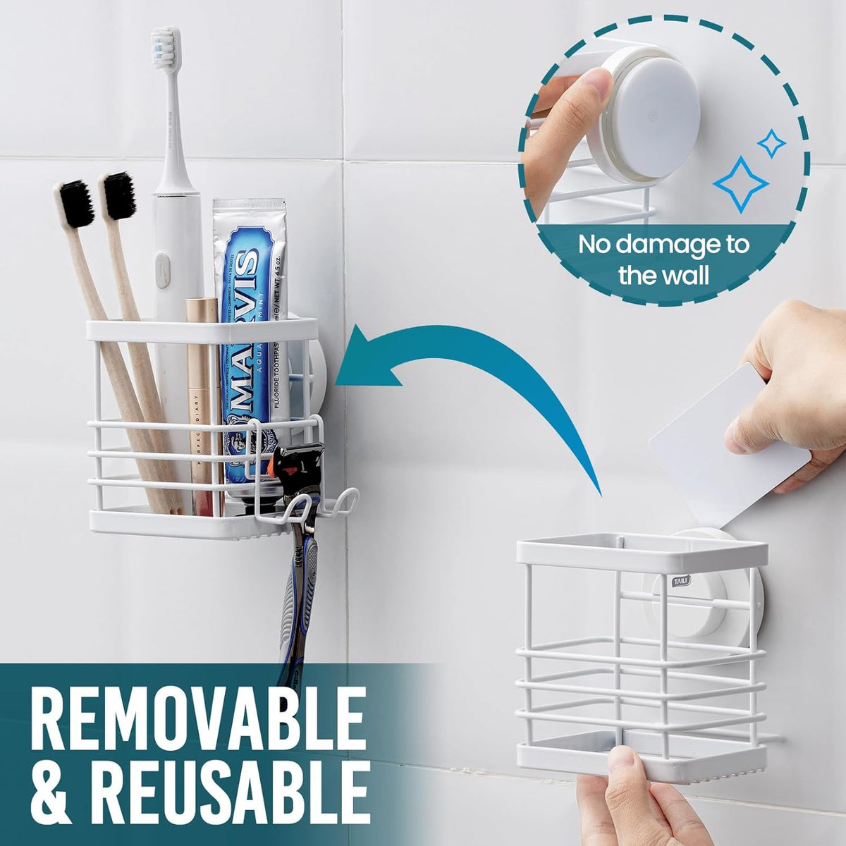 TAILI Patented Suction Cup Toothbrush Holder, Stainless Steel Anti-Puddling Toothbrush Shower Holder, No Drilling Removable Organizer for Bathroom Toothpaste, Razor, Kitchen and Office Items, White