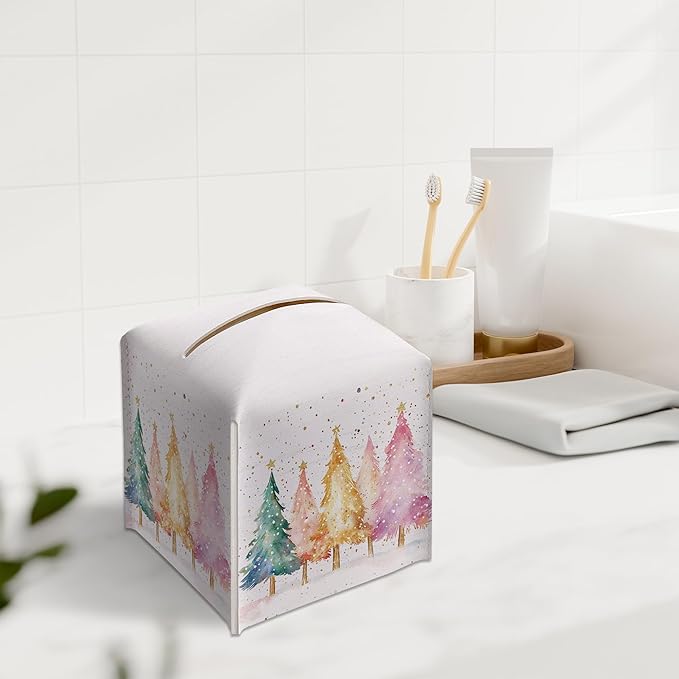 Christmas Tissue Box Holder, Colorful Christmas Tree Leather Tissue Box Cover Square, Paper Facial Decorative Tissues Cover for Night Stands Bathroom Kitchen Office Car Home Decor-B18