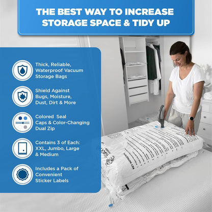 12-Pack Variety - Vacuum Storage Bags for Clothes, Packing & Storage - Strong Vacuum Space Bags for Comforter, Quilt & Mattress Topper Compression - Premium Sealing Solutions in XXL, Jumbo, L, M Sizes