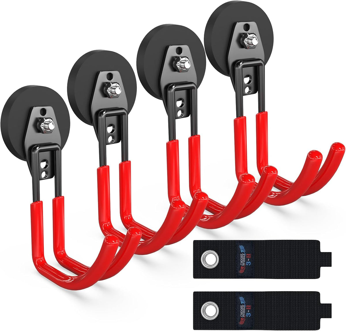 3-H Heavy Duty Magnet Garage Hooks 4 Pack, J Shape Strong Magnetic Hooks for Hanging Cordless Power Drill, Utility Magnetic Tool Holder for Metal Cabinet, Steel Pegboard, Toolbox, Garage(Red)