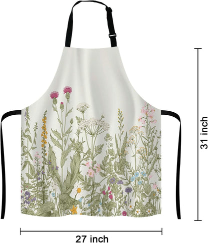 Herbs and Wild Flowers Bib Apron with Adjustable Neck for Men Women,Suitable for Home Kitchen Cooking Waitress Chef Grill Bistro Baking BBQ Cobbler Apron