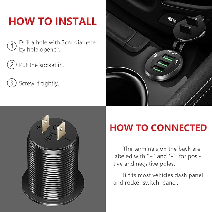 Triple Port QC3.0 Car Charger Socket, 12V/24V 36W USB Charger with 3 Fast Charging Ports, IP66 Waterproof Aluminum Socket Mount for Car Boat RV Marine ATV