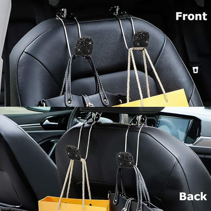SAVORI Car Headrest Hooks Bling Car Accessories Rhinestones Universal Auto Back Seat Headrest Metal Hanger Organizer Vehicle Holder for Bag Purse Clothes Grocery 2PCS (Black)