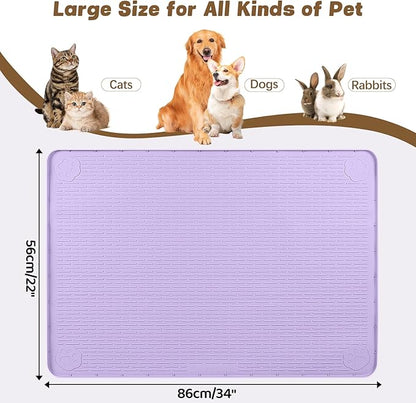 Bartuke Cat Food Mat, 34" x 22" Large Silicone Pet Feeding Mat for Food and Water Bowls Non-Slip, Easy to Clean (Purple)