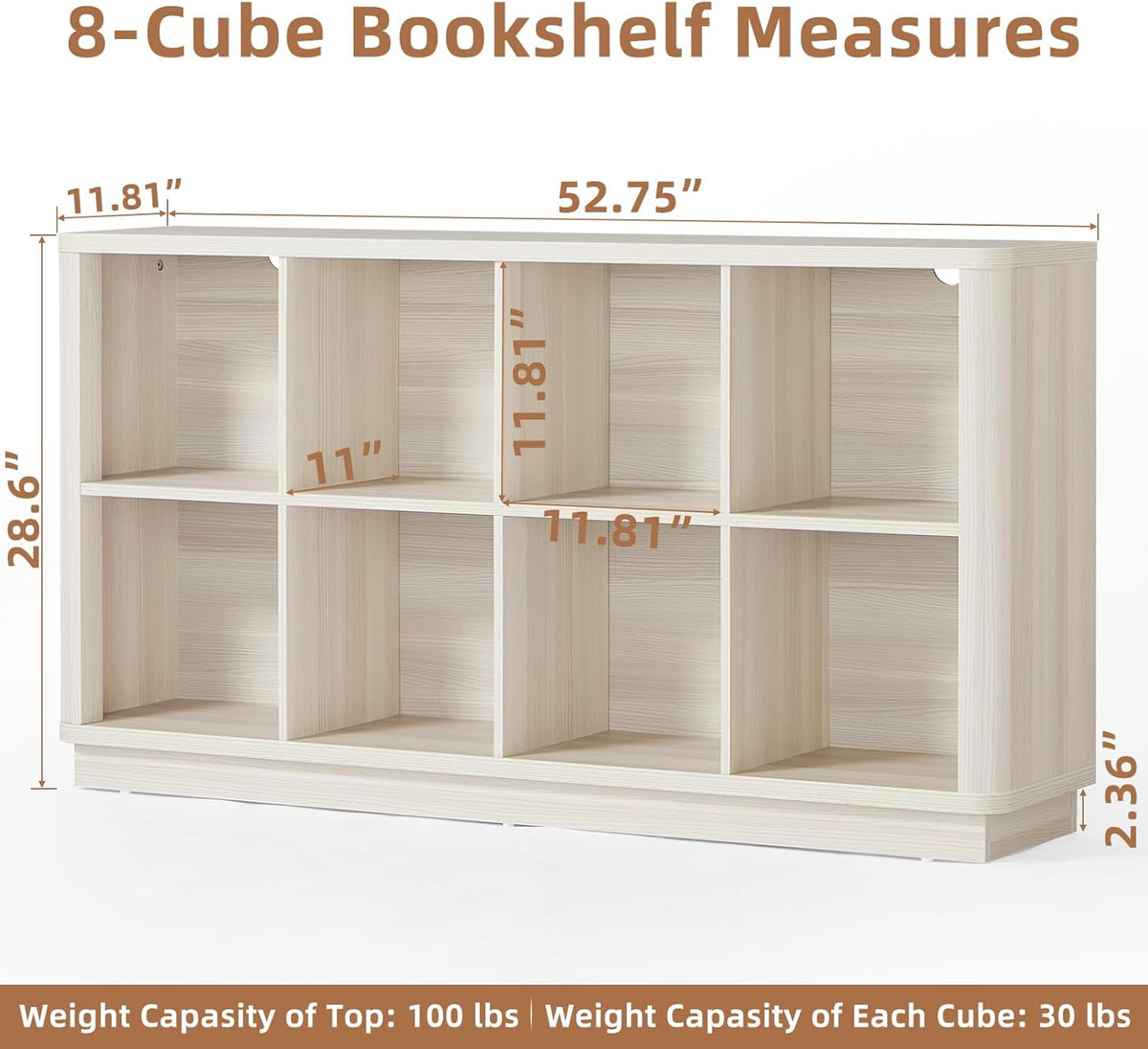 8 Cube Storage Bookcase, 52" Long Horizontal Book Shelf w/Curved Edge, Wooden Floor Standing 2-Tier Cubby Console Bookshelf with Base, Modern Low TV Stand for Living Room, White Cream Oak