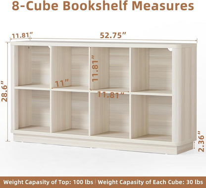 8 Cube Storage Bookcase, 52" Long Horizontal Book Shelf w/Curved Edge, Wooden Floor Standing 2-Tier Cubby Console Bookshelf with Base, Modern Low TV Stand for Living Room, White Cream Oak