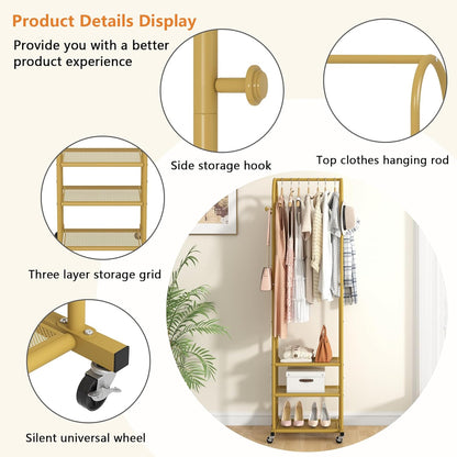 Heavy Duty Clothing Rack with Wheels,Modern Garment Rack with 3 Metal Shelves, 71.8Inches Display Rack for Hanging Clothes, Hanging Rod for Small Space,Gold