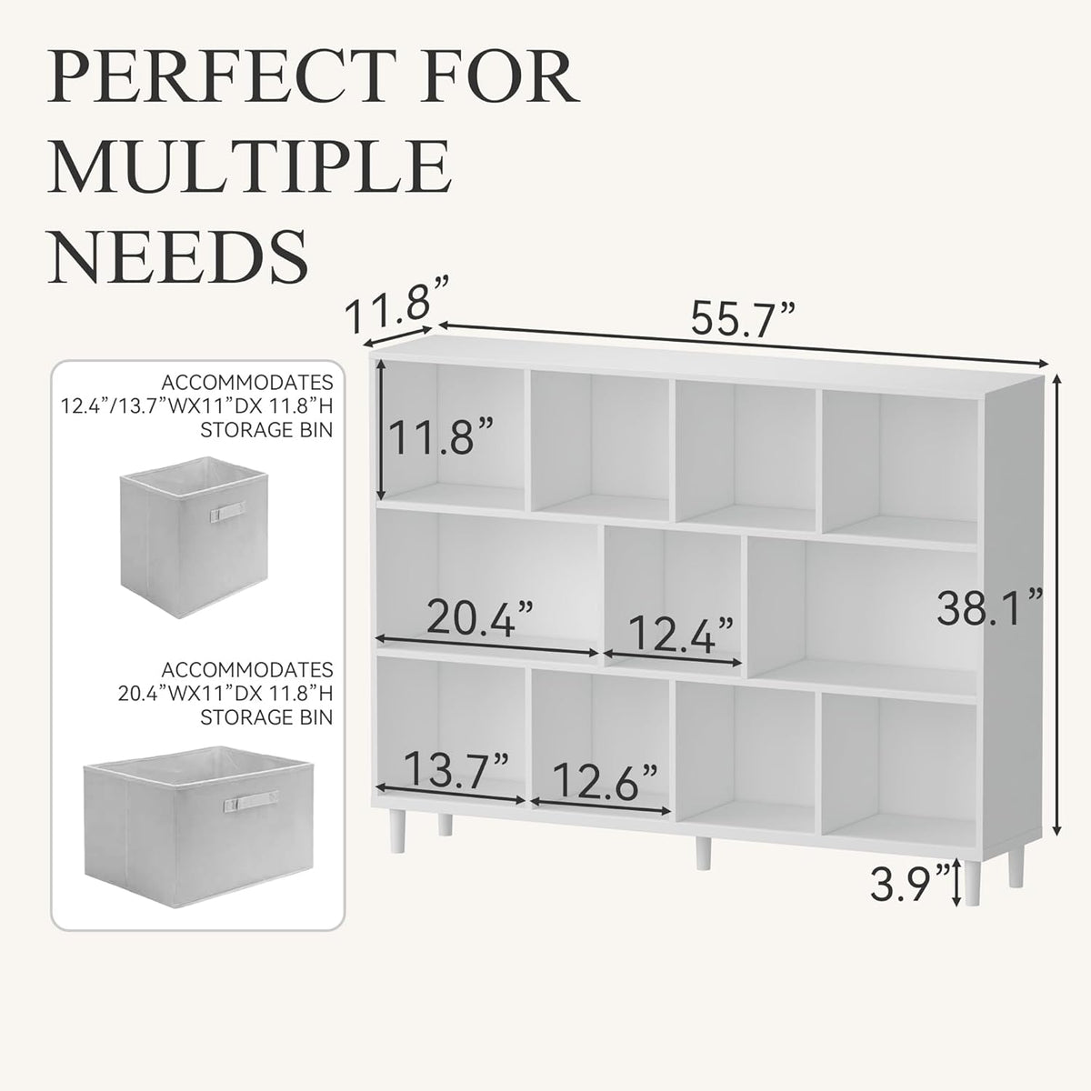 Wood Cube Storage Organizer White Bookshelf - 3-Tier Freestanding Storage Cabinet with Legs for Home Office, 11-Cubes Open Shelf