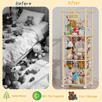 Stuffed Animal Storage with Net Wooden Toy Storage Organizer Stuffed Animal Zoo Storage with Lockable Wheels for Toddler Rooms, Playrooms & Bedrooms (2-Layers)