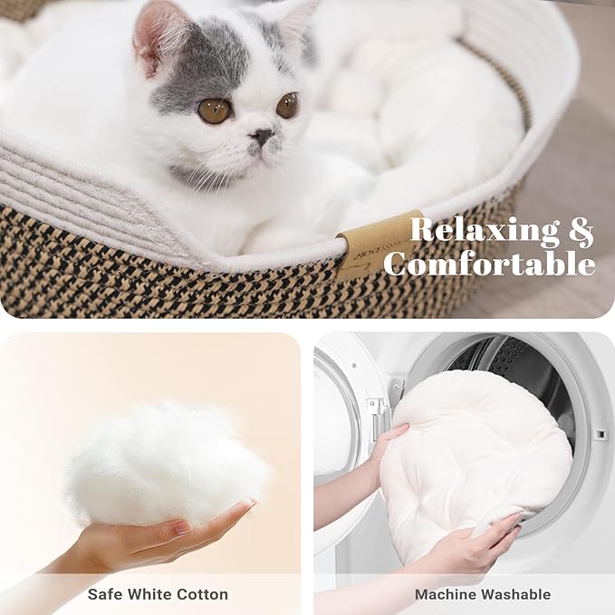 CHEERHOME PETS Cat Bed Basket with Cushion, Cute Pet Bed for Indoor Cats Couch, Kitten Bed for Medium and Large Cat, All Season Universal (Brown)