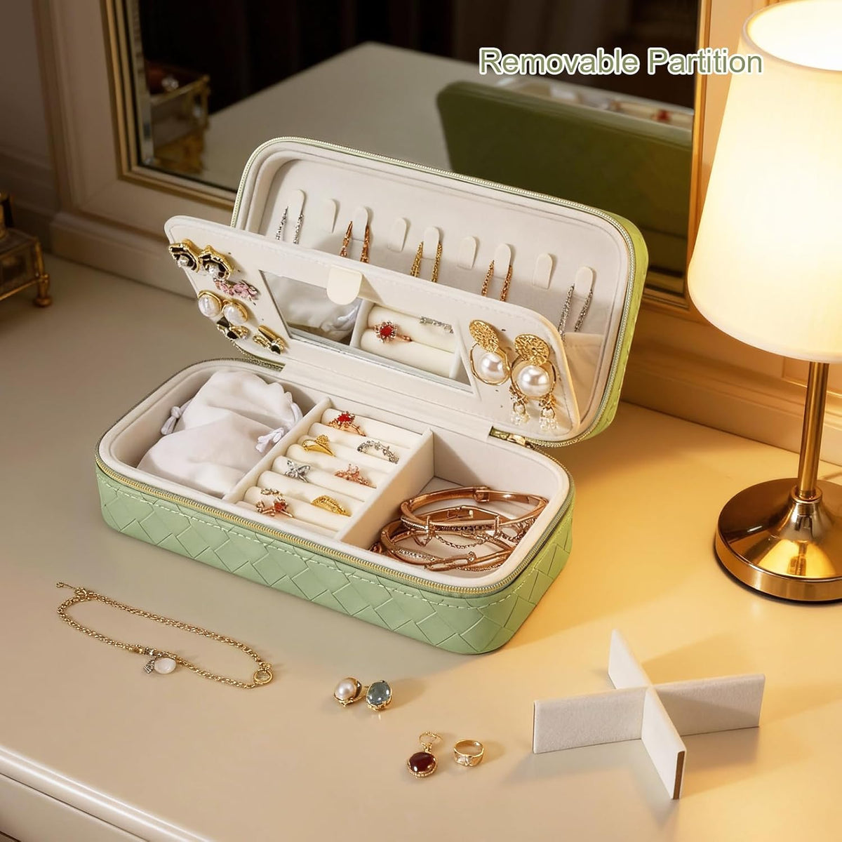 DesignSter Jewelry Organizer, Small Portable Travel Jewelry Storage for Women, Woven Embossed PU Jewelry Case with Mirror for Ring Earring Necklace Bracelet