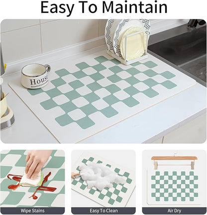 Large Dish Drying Mats for Kitchen Counter 24''x16'' Black Sage Beige Checkered Non-slip Coffee Espresso Accessories,Sage Checkered