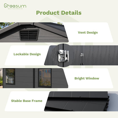 Greesum 6×8FT Plastic Outdoor Storage Shed with Floor, Resin Storaged Sheds with Lockable Double Door, Windows & Vents, All-Weather Tool Sheds for Garden, Backyard, Patio, Dark Gray