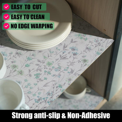 Blue and Green Floral Shelf Liners Non Adhesive and Strong Non-Slip Shelf and Drawer Liners for Kitchen Cabinet Wire Fridge, Waterproof Shelf Drawer Liner,Easy to Clean,12IN x 10FT