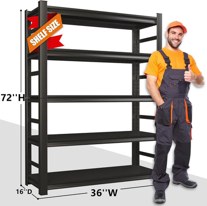 Heavy Duty 5-Tier Garage Shelf Steel Unit 3000lb Capacity | Garage & Basement Storage | Industrial Metal Shelving for Warehouse Workshop | Adjustable Rust-Resistant (72"H x 36"W x 16"D, Black)