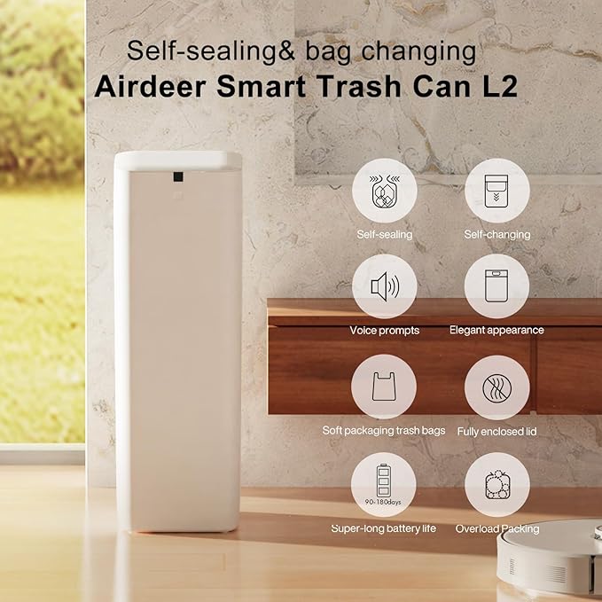 Airdeer L2 Automatic Trash Can, 8 Gallon Self Sealing and Self-Changing Smart