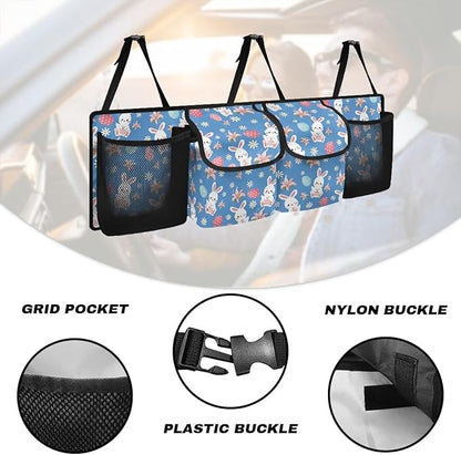 Easter Bunny＆Color Eggs Car Trunk Organizer Waterproof Auto Hanging Seat Back Storage for SUVs, Vans, Cars,Car Accessories for Easter