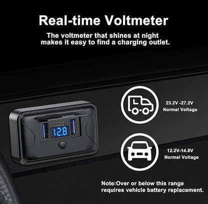 12V USB Outlet,72W Panel Wall Mount Fast Charging Car Charger,Multi Port Car USB Charger Adapter with LED Voltmeter and Switch,for Marine Boat RV Truck