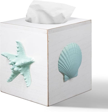 Tissue Box Cover Square, Beach Tissue Box Holder with Slide-Out Bottom, Decorative Wooden Wall Mounted Starfish Tissue Holder for Desktop Nightstand Bathroom Office, Modern Beach Home Decor