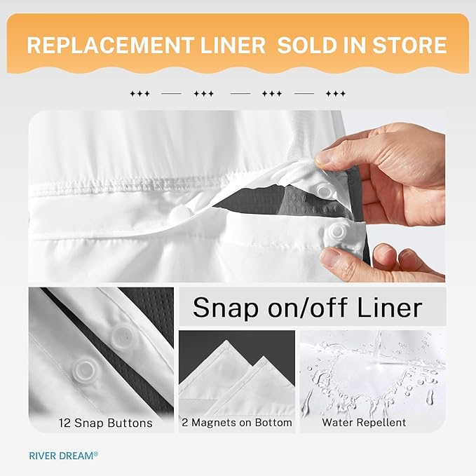 River Dream Heavyweight Grey No Hooks Required Dotted Waffle Weave Shower Curtain with Snap in Liner - 71W x 74H,Hotel Grade,Spa Like Bath Curtain,Gray