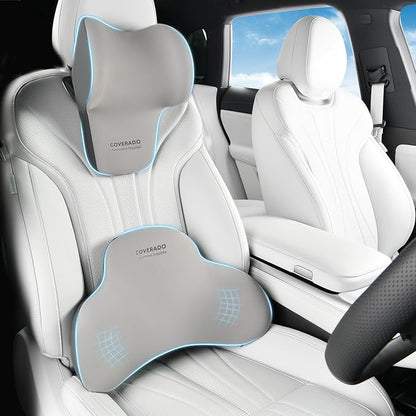 Coverado Lumbar Support and Headrest Pillow for Car, Memory Foam Ergonomic Head Neck Support Pillow for Driving Seat, Back Support and Pain Relief, Seat Cushion for Car, Driver, Office