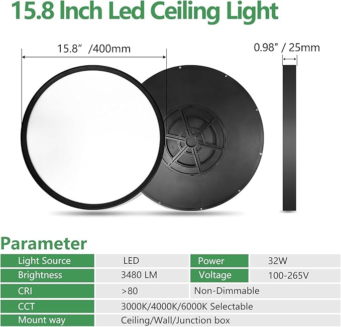 6PK 15.8 Inch LED Flush Mount Ceiling Light Black, 3000K/4000K/6000K CCT