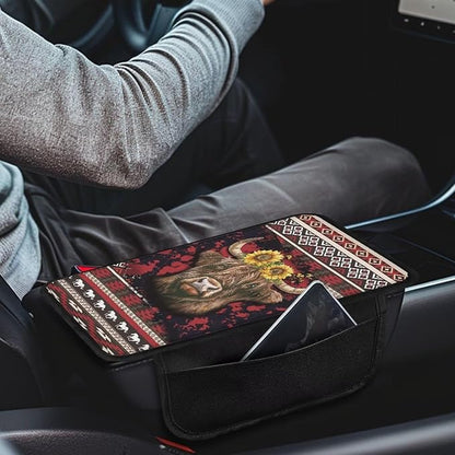 BIGCARJOB Tribal Cow Print Car Armrest Seat Box Cover with Side Storage,Southwest Tribal Print Car Interior Accessories Universal Center Console Armrest Pads for Cars SUV Truck