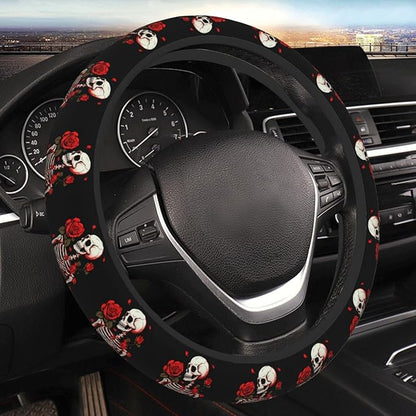 Ouqiuwa Red Rose Skeleton Steering Wheel Cover Women, Comfortable Elastic Steering Car Wheel Cover Fit 15 inches Universal Accessories Suvs Trucks Decor