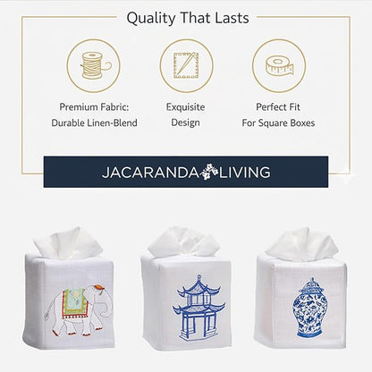 Jacaranda Living Square Tissue Box Cover, Linen/Cotton Fabric Tissue Holder, Decorative Cloth Tissue Cube Cover, Nature Designs Napoleon Bee Wreath (Navy)