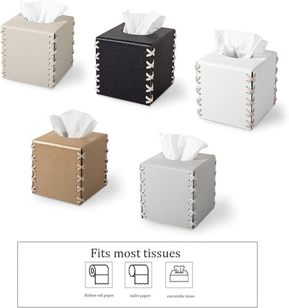 Tissue Box Cover PU Leather Tissue Holder Square Decorative Home Decor Cube Boxes for Bathroom, Kitchen, Nightstand, Office Desk Essentials, Light Gray