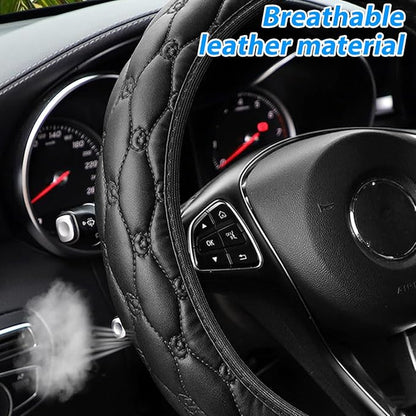 Car Steering Wheel Cover, PU Leather Non-Slip Lantern Pattern Vehicle Steering Wheel Cover Protection, Breathable Automotive Interior Protecter Accessories, Universal Fit (Black)