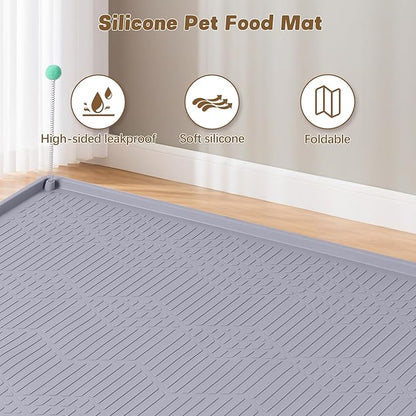 Bartuke Cat Food Mat with Toy Ball, 38'' x 25'' Extra Large Silicone Pet Feeding Mat with Raised Edge Pet Placemat for Food and Water Bowl Non-Slip, Easy to Clean, Floor Protection (Grey)