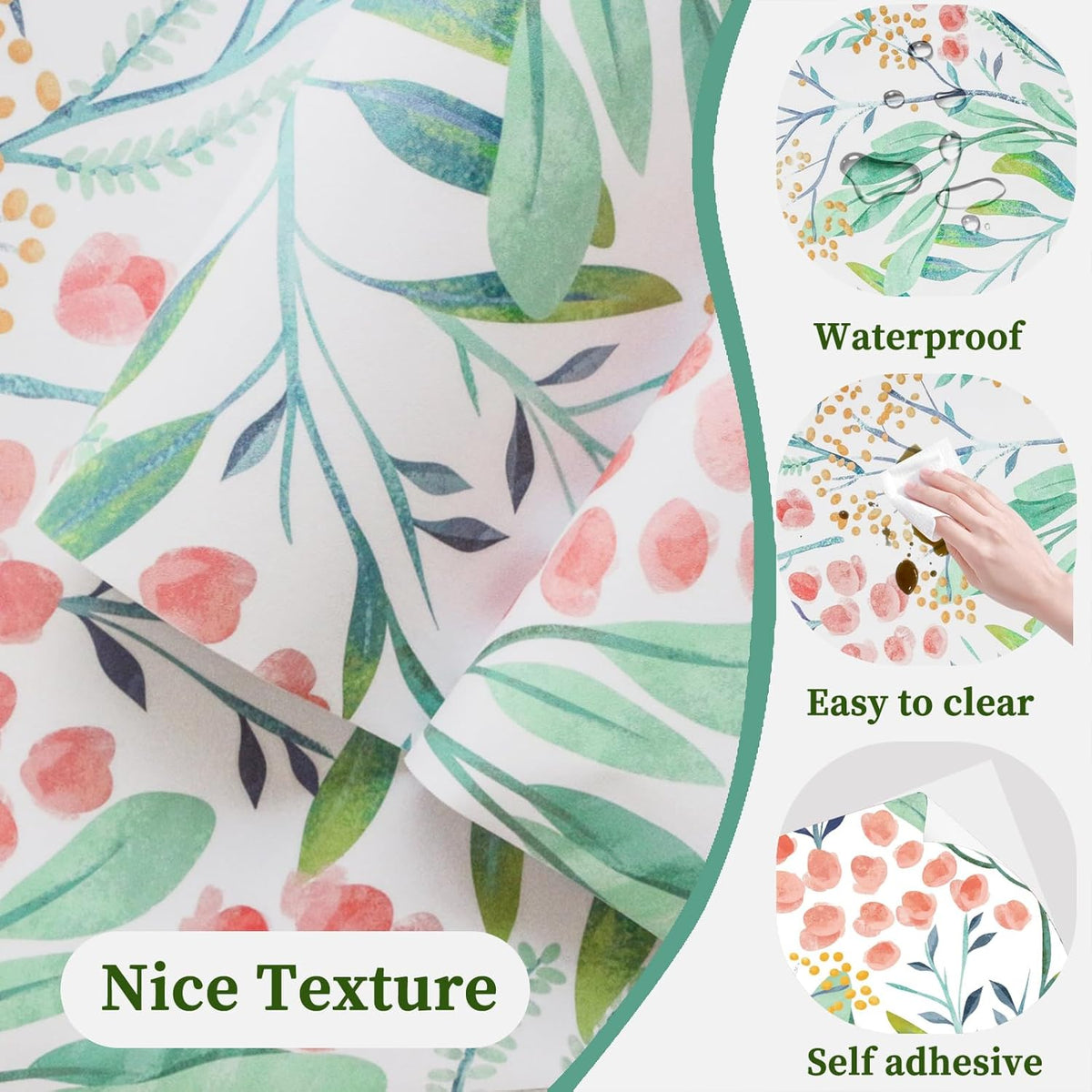 HAOKHOME Shelf Liner and Cabinet Liner Boho Flroal, Self-Adhesive Drawer Liners, Peel and Stick Contact Paper for Kitchen Cabinets and Cupboard, Bathroom Drawers, White/Green/Pink 17.3in x 6.5ft