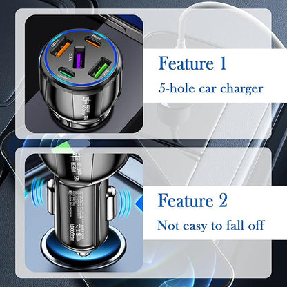 5 Port Fast Car Charger Adapter,12-24V Car Charger USB C & 30W QC3.0/3.1A Port with Reinforced Contacts & Lighting,75W Vehicle Accessories Cigarette Lighter USB Chargers (Black)