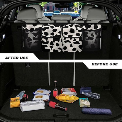 SEANATIVE Cow Print Car Trunk Organizer, Auto Waterproof Sturdy Backseat Hanging Large Storage Collapsible Cargo Bag with Anti-Slip Adjustable Strip, Vehicle Interior Accessories for Woman