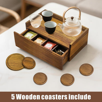 Idefair Acacia Wood Tea Box Organizer Storage Box with 5 Wooden Coasters, Tea Bags Organizer Chest Storage with Drawer, Tea Bag Box for Coffee Teabgs Countertop Display