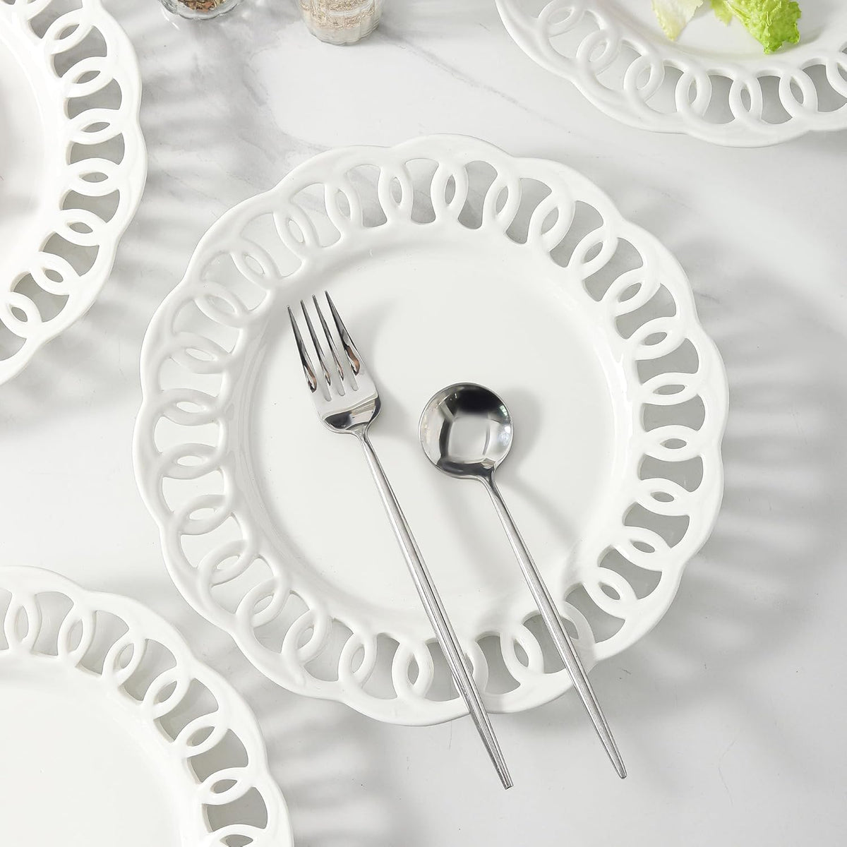 4 Pack 10" Dinner Serving Plates with Lace Rim, New Bone Porcelain Round Tableware Plates with Unique Hollow Out Design Scolloped Edge, White Dishes for Daily Use or as an Excellent Plate Idea
