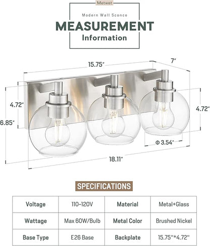 METWET Bathroom Light Fixtures, 3-Light Brushed Nickel Vanity Light, Modern