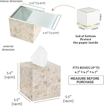 PEMAR Handcrafted Wooden Tissue Box Cover for Small Cube Tissue Boxes Only (Max Inner Size 4.7”) – Mother of Pearl Inlay Decorative Tissue Holder for Bathroom, Living Room & Office (White Sand)