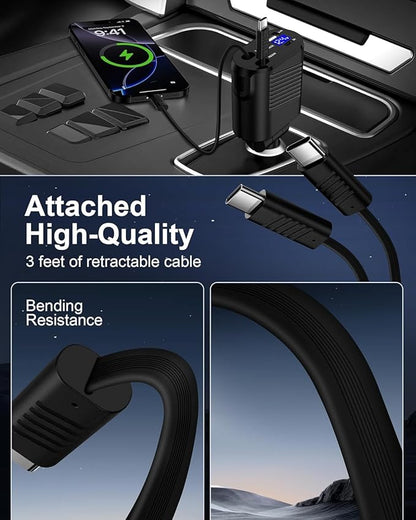 4-in-1 Retractable Car Charger Fast Charging Dual USB Ports & USB C Cables, USBC for iPhone 17 16e 16 Pro Max 16Pro 15 Plus Samsung Galaxy Cigarette Lighter Cargodor C Type Cord Android Car Charger