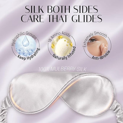 OLESILK Silk Sleep Eye Mask Blindfold with Double Layer Filling for Full Night's Sleep, Silk Wrapping Strap- Luxury Eye Cover Eyeshade for Women Men with Travel Bag and Ear Plugs, Silver