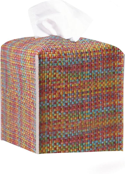 Tissue Box Cover, PU Leather Tissue Box Holder with Bottom Belt, Modern Square Tissue Box Covers with Wide Opening (Dark Mix Color, Woven Patterns)