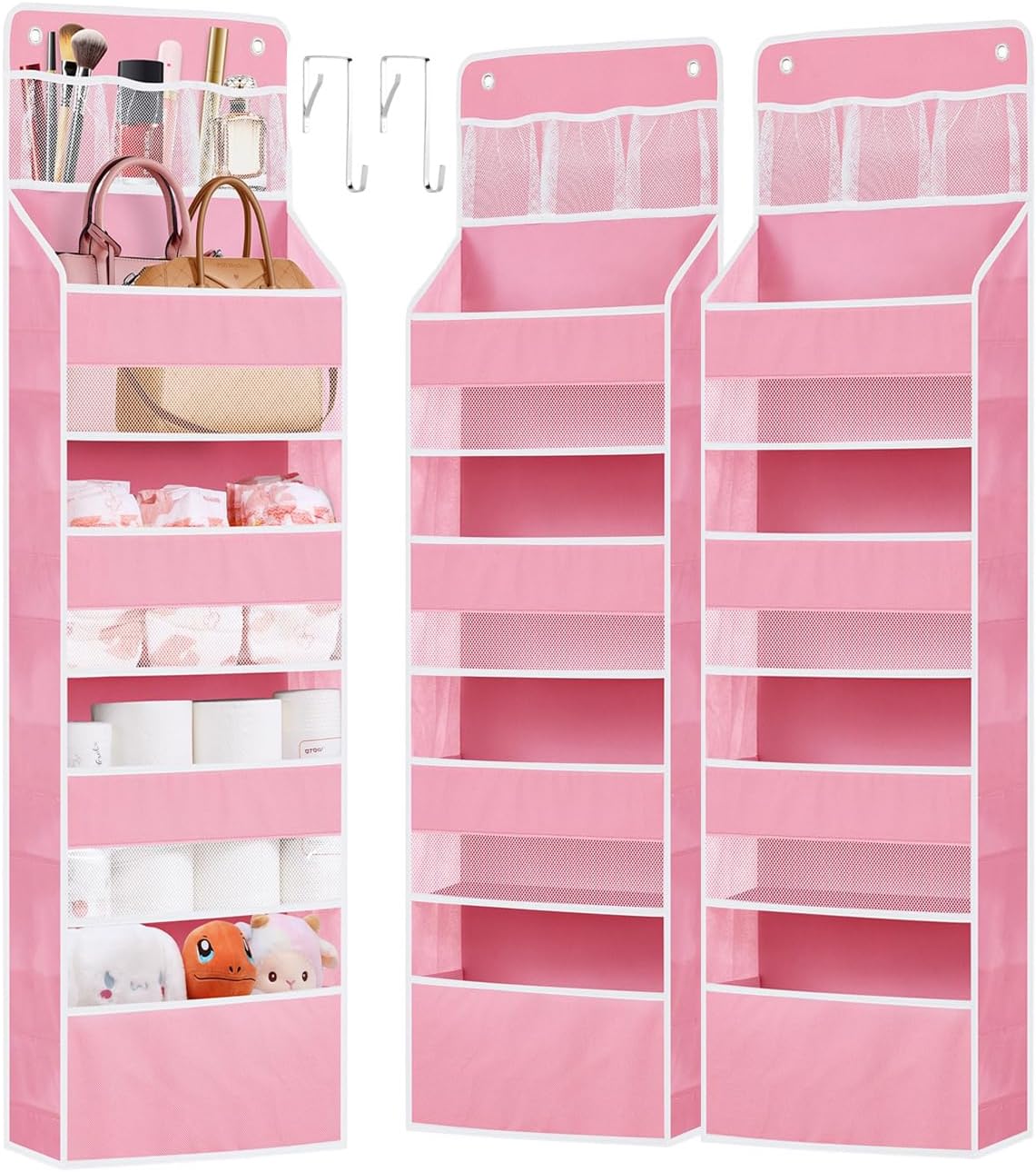 2 Pack Over The Door Organizer, Hanging Storage Organization with Large Capacity Pockets, Swing-Proof Behind Door Storage Shelf for Kicthen Bedroom Nursery Kids Toys Shoes,Pink