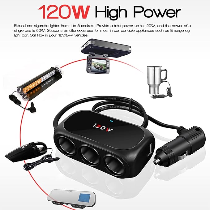 3-Socket Car Cigarette Lighter Splitter Adapter, 2 USB Splitter Extender [120W] [12V/24V] [3.1A Dual USB Car Charger] [Black] for Device with Emergency Warning Light