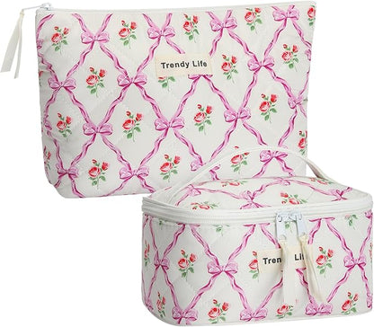HAOGUAGUA 2 Pieces Makeup Bag, Small Large Quilted Cosmetic Bag, Travel Floral Make Up Toiletry Organizer Bag for Women Girls (2PCS STYLE B-4)