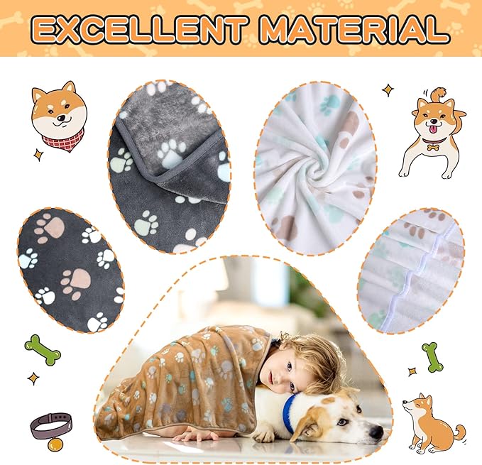 Rezutan Dog Blanket for Large Dogs, Upgraded 3 Pack Dog Cat Flannel Blankets Washable, Soft Pet Mat Throw Cover Suitable for Kennel Crate Bed, Cute Paw Pattern, Grey/Brown/White, 31" x 41"
