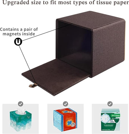 RHCSZ Linen Square Tissue Box Cover,Cube Tissue Box Holder－Excellent Rosegold Leather Decoration,Table Napkin Case Dispenser,Facial Tissues Organizer with Magnetic Bottom for Home Office Car(Coffee)