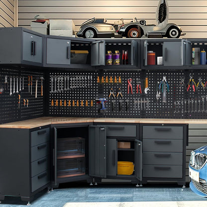 15-Piece Corner Garage Storage Cabinet System - Heavy Duty Workshop Set w/Corner Cabinet Includes Workbench, Pegboard & Lockable Drawers | Metal Tool Organization System for Garage/Workshop