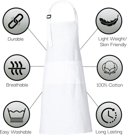RAJRANG 100% Cotton Cooking Apron with 3 Pockets Kitchen Chef BBQ Adjustable Bib Aprons for Women Men